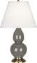Ash Glazed Ceramic w/Antique Brassed with Pearl Dupioni Fabric Shade Glass and White Shade