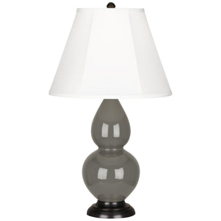 Buy ash-glazed-ceramic-w-deep-patina-brinzeed-with-ivory-stretched-fabric-shade-glass-and-white-shade Small Double Gourd Lamp by Robert Abbey