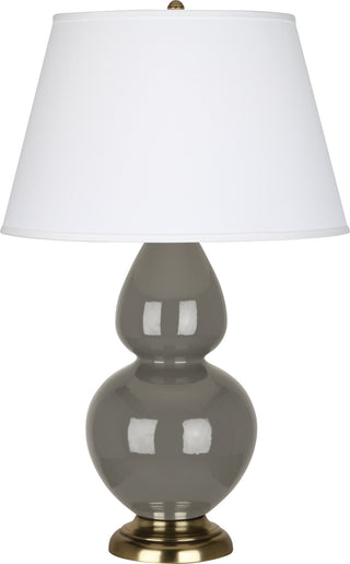 Buy ash-glazed-ceramic-w-antique-brassed-with-pearl-dupioni-fabric-shade-glass-and-white-shade Double Gourd Table Lamp by Robert Abbey