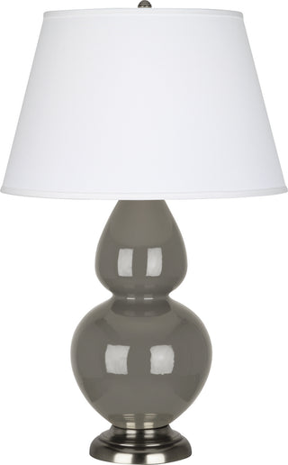 Buy ash-glazed-ceramic-w-antique-silvered-with-pearl-dupioni-fabric-shade-glass-and-white-shade Double Gourd Table Lamp by Robert Abbey
