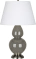 Ash Glazed Ceramic w/Antique Silvered with Pearl Dupioni Fabric Shade Glass and White Shade