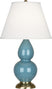 Steel Blue Glazed Ceramic w/Antique Brassed with Pearl Dupioni Fabric Shade Glass and White Shade