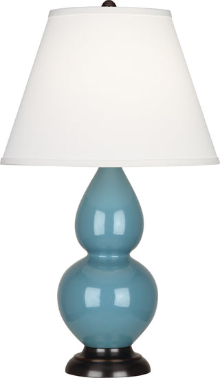 Buy steel-blue-glazed-ceramic-w-deep-patina-bronzeed-with-pearl-dupioni-fabric-shade-glass-and-white-shade Small Double Gourd Lamp by Robert Abbey