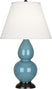 Steel Blue Glazed Ceramic w/Deep Patina Bronzeed with Pearl Dupioni Fabric Shade Glass and White Shade