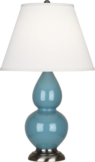 Buy steel-blue-glazed-ceramic-w-antique-silvered-with-pearl-dupioni-fabric-shade-glass-and-white-shade Small Double Gourd Lamp by Robert Abbey