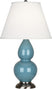 Steel Blue Glazed Ceramic w/Antique Silvered with Pearl Dupioni Fabric Shade Glass and White Shade