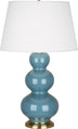 Steel Blue Glazed Ceramic w/Antique Brassed with Pearl Dupioni Fabric Shade Glass