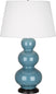 Steel Blue Glazed Ceramic w/Deep Patina Bronzeed with Pearl Dupioni Fabric Shade Glass