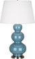 Steel Blue Glazed Ceramic w/Antique Silvered with Pearl Dupioni Fabric Shade Glass