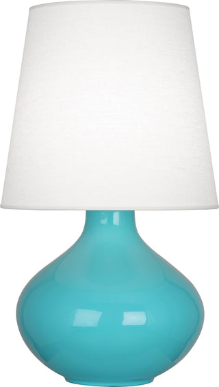 Buy egg-blue-glazed-ceramic-with-oyster-linen-shade-glass-and-white-shade June Table Lamp by Robert Abbey