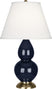 Midnight Blue Glazed Ceramic w/Antique Brassed with Pearl Dupioni Fabric Shade Glass