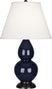 Midnight Blue Glazed Ceramic w/Deep Patina Bronzeed with Pearl Dupioni Fabric Shade Glass