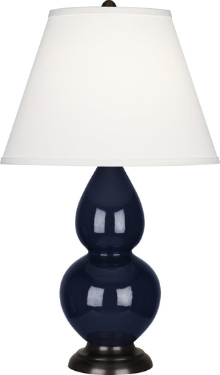 Buy midnight-blue-glazed-ceramic-w-deep-patina-bronzeed-with-pearl-dupioni-fabric-shade-glass Small Double Gourd Table Lamp by Robert Abbey