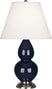 Midnight Blue Glazed Ceramic w/Antique Silvered with Pearl Dupioni Fabric Shade Glass