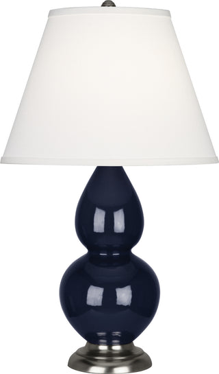 Buy midnight-blue-glazed-ceramic-w-antique-silvered-with-pearl-dupioni-fabric-shade-glass Small Double Gourd Table Lamp by Robert Abbey