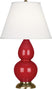 Ruby Red Glazed Ceramic w/Antique Brassed with Pearl Dupioni Fabric Shade Glass and White Shade