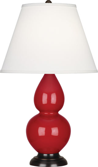 Buy ruby-red-glazed-ceramic-w-deep-patina-bronzeed-with-pearl-dupioni-fabric-shade-glass-and-white-shade Small Double Gourd Lamp by Robert Abbey