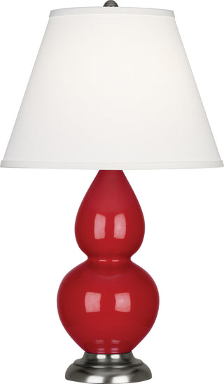 Buy ruby-red-glazed-ceramic-w-antique-silvered-with-pearl-dupioni-fabric-shade-glass-and-white-shade Small Double Gourd Lamp by Robert Abbey
