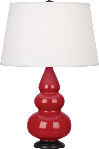 Buy ruby-red-glazed-ceramic-w-deep-patina-bronzeed-with-pearl-dupioni-fabric-shade-glass-and-white-shade Small Triple Gourd Table Lamp by Robert Abbey