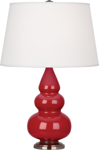 Buy ruby-red-glazed-ceramic-w-antique-silvered-with-pearl-dupioni-fabric-shade-glass-and-white-shade Small Triple Gourd Table Lamp by Robert Abbey