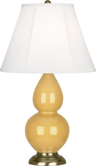Buy sunset-yellow-glazed-ceramic-w-antique-brassed-with-ivory-stretched-fabric-shade-glass-and-white-shade Small Double Gourd Lamp by Robert Abbey