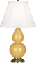 Sunset Yellow Glazed Ceramic w/Antique Brassed with Ivory Stretched Fabric Shade Glass and White Shade