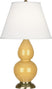 Sunset Yellow Glazed Ceramic w/Antique Brassed with Pearl Dupioni Fabric Shade Glass and White Shade