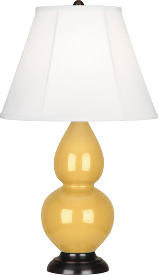 Buy sunset-yellow-glazed-ceramic-w-deep-patina-bronzeed-with-ivory-stretched-fabric-shade-glass-and-white-shade Small Double Gourd Lamp by Robert Abbey