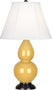 Sunset Yellow Glazed Ceramic w/Deep Patina Bronzeed with Ivory Stretched Fabric Shade Glass and White Shade