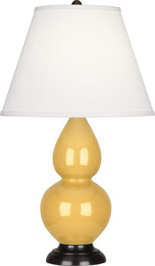 Buy sunset-yellow-glazed-ceramic-w-deep-patina-bronzeed-with-pearl-dupioni-fabric-shade-glass-and-white-shade Small Double Gourd Table Lamp by Robert Abbey