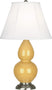 Sunset Yellow Glazed Ceramic w/Antique Silvered with Ivory Stretched Fabric Shade Glass and White Shade