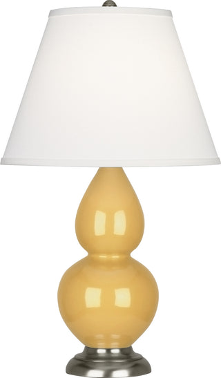 Buy sunset-yellow-glazed-ceramic-w-antique-silvered-with-pearl-dupioni-fabric-shade-glass-and-white-shade Small Double Gourd Lamp by Robert Abbey