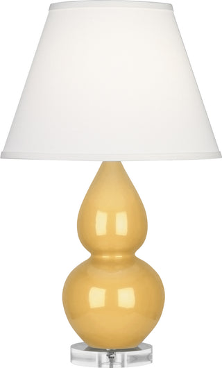 Buy sunset-yellow-glazed-ceramic-w-lucite-with-pearl-dupioni-fabric-shade-glass-and-white-shade Small Double Gourd Lamp by Robert Abbey