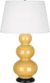 Sunset Yellow Glazed Ceramic w/Deep Patina Bronzeed with Pearl Dupioni Fabric Shade Glass and Yellow Shade