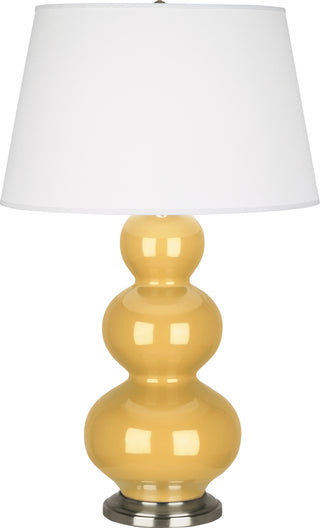 Buy sunset-yellow-glazed-ceramic-w-antique-silvered-with-pearl-dupioni-fabric-shade-glass-and-yellow-shade Triple Gourd Table Lamp by Robert Abbey