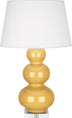 Sunset Yellow Glazed Ceramic w/Lucite with Pearl Dupioni Fabric Shade Glass