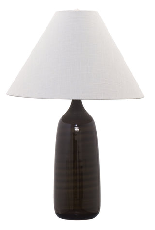 Buy brown-gloss-with-cream-linen-hardback-glass-and-amber-brown-shade Scatchard Table Lamp by House of Troy
