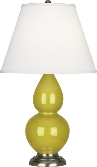 Buy citron-glazed-ceramic-w-antique-silvered-with-pearl-dupioni-fabric-shade-glass-and-green-shade Small Double Gourd Table Lamp by Robert Abbey