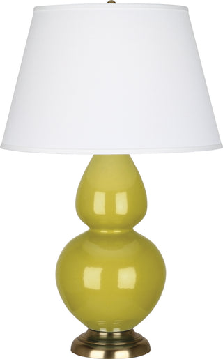 Buy citron-glazed-ceramic-w-antique-brassed-with-pearl-dupioni-fabric-shade-glass-and-green-shade Double Gourd Table Lamp by Robert Abbey