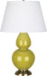 Citron Glazed Ceramic w/Antique Brassed with Pearl Dupioni Fabric Shade Glass and Green Shade
