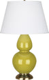 Citron Glazed Ceramic w/Antique Brassed with Pearl Dupioni Fabric Shade Glass and Green Shade
