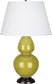 Citron Glazed Ceramic w/Deep Patina Bronzeed with Pearl Dupioni Fabric Shade Glass and Green Shade