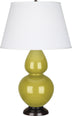 Citron Glazed Ceramic w/Deep Patina Bronzeed with Pearl Dupioni Fabric Shade Glass and Green Shade