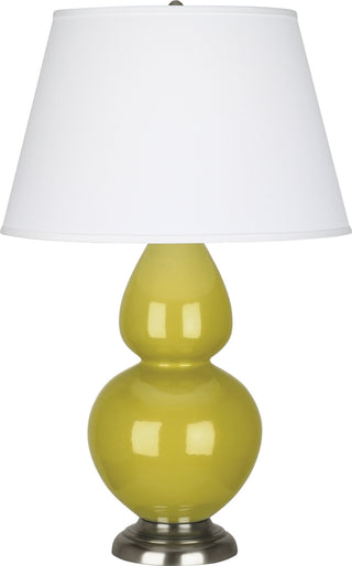 Buy citron-glazed-ceramic-w-antique-silvered-with-pearl-dupioni-fabric-shade-glass-and-green-shade Double Gourd Table Lamp by Robert Abbey
