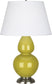 Citron Glazed Ceramic w/Antique Silvered with Pearl Dupioni Fabric Shade Glass and Green Shade
