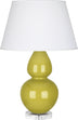 Citron Glazed Ceramic w/Lucite with Pearl Dupioni Fabric Shade Glass and Green Shade
