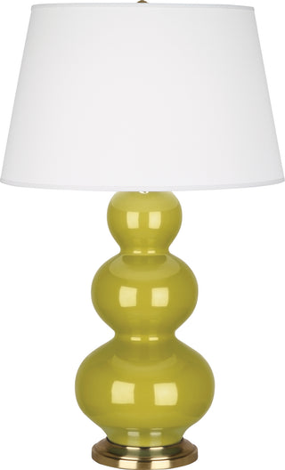 Buy citron-glazed-ceramic-w-antique-brassed-with-pearl-dupioni-fabric-shade-glass-and-green-shade Triple Gourd Table Lamp by Robert Abbey
