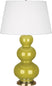 Citron Glazed Ceramic w/Antique Brassed with Pearl Dupioni Fabric Shade Glass and Green Shade