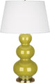 Citron Glazed Ceramic w/Antique Brassed with Pearl Dupioni Fabric Shade Glass and Green Shade