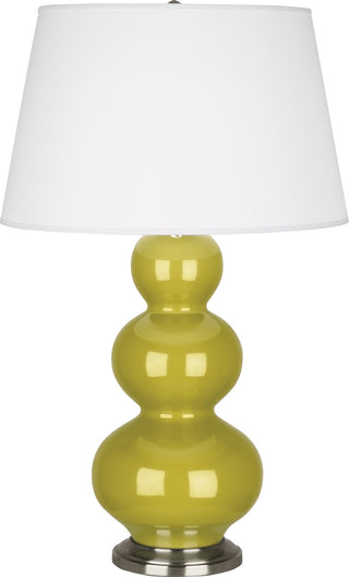 Buy citron-glazed-ceramic-w-antique-silvered-with-pearl-dupioni-fabric-shade-glass-and-white-shade Triple Gourd Table Lamp by Robert Abbey